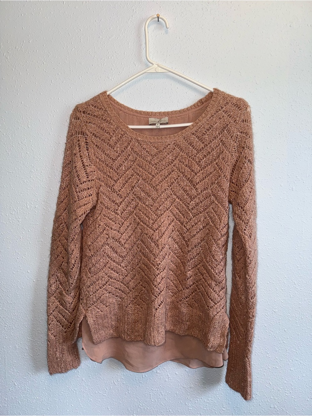 Lucky Brand Dusty Rose Open-Knit Layered Hem Sweater